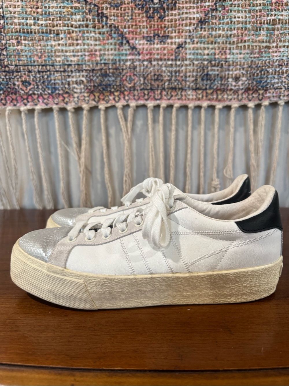 Gola White Sneakers with Silver Toe and Black Heel